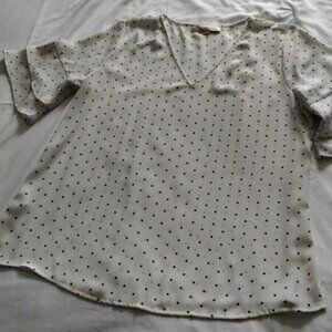 ANN TAYLOR LOFT White & Black Short Sleeve POLKA DOT BLOUSE Sz MEDIUM